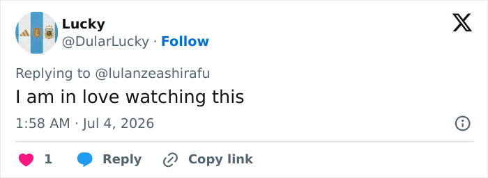 A social media post from Lucky, with an Argentina flag icon, expressing love for watching something related to the Netflix star. A social media post from Lucky, with an Argentina flag icon, expressing love for watching something related to the Netflix star.