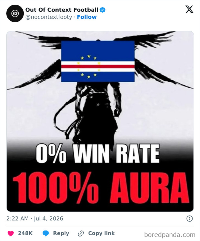 A World Cup 2026 meme showing a figure with 0% win rate and 100% aura, featuring the Cape Verde flag.