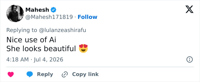A social media post where a user named Mahesh comments on an AI-generated image of an unrecognizable former Netflix star. A social media post where a user named Mahesh comments on an AI-generated image of an unrecognizable former Netflix star.