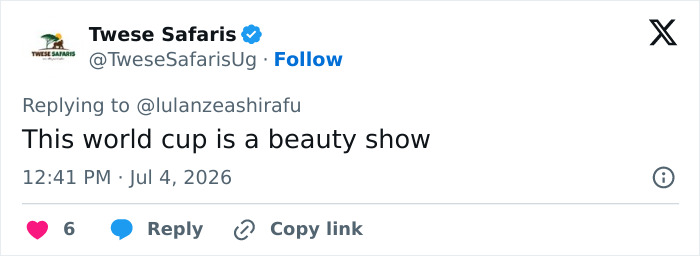 A social media post from Twese Safaris commenting that the World Cup match is a beauty show, relating to the Netflix star story. A social media post from Twese Safaris commenting that the World Cup match is a beauty show, relating to the Netflix star story.