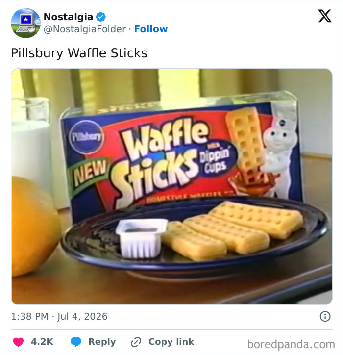 A box of Pillsbury Waffle Sticks with dippin cups, alongside a plate of waffles, triggering nostalgia.
