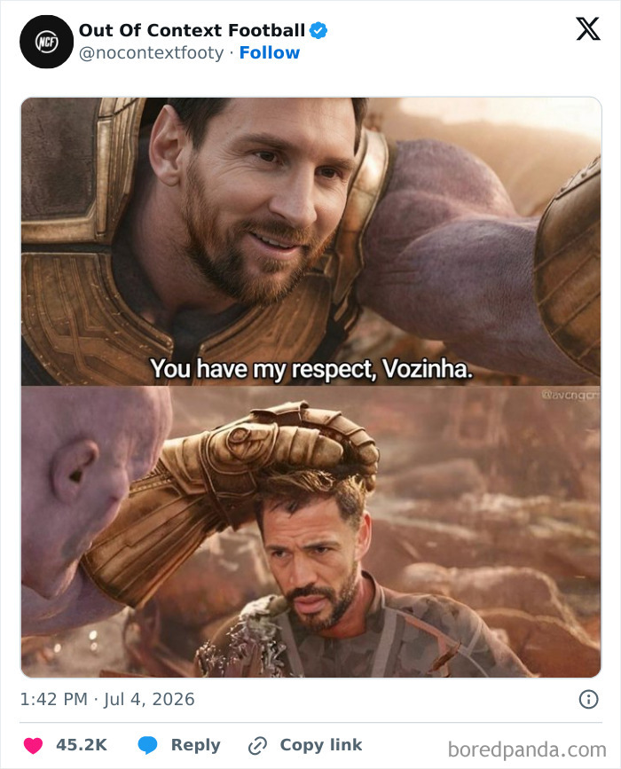 A World Cup 2026 meme featuring Lionel Messi as Thanos saying You have my respect to another player.