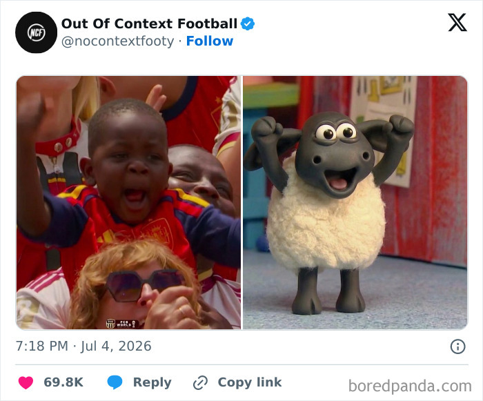 A World Cup 2026 meme with a split image of a cheering child and an excited Shaun the Sheep.