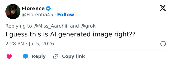 A social media post from Florence questioning if an image, possibly of the Netflix star, is AI-generated. A social media post from Florence questioning if an image, possibly of the Netflix star, is AI-generated.