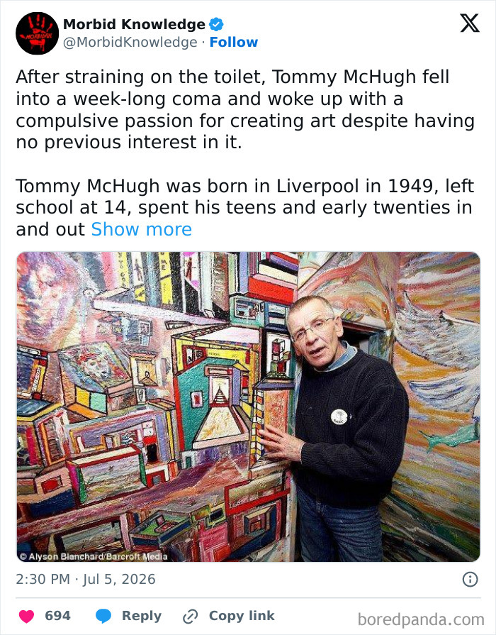 Morbid and sad stories: Tommy McHugh, an artist, stands next to his colorful, abstract artwork.