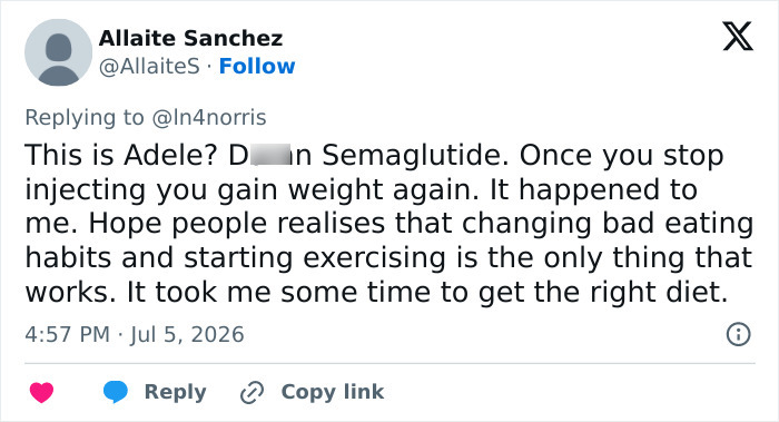 Tweet by Allaite Sanchez about Adele's appearance, Semaglutide, and weight gain discussion. Tweet by Allaite Sanchez about Adele's appearance, Semaglutide, and weight gain discussion.