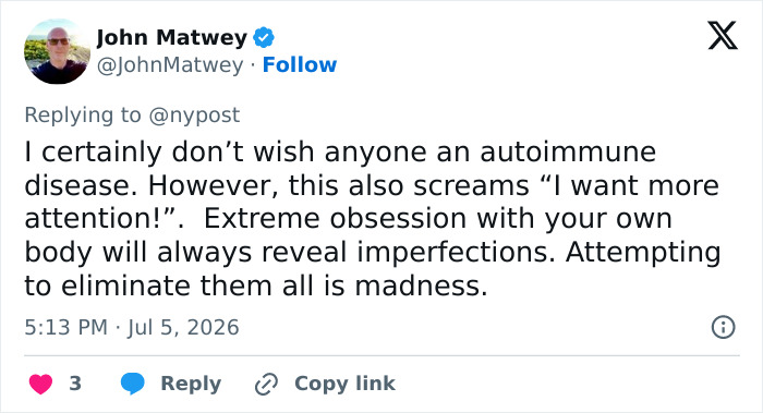 Twitter post by John Matwey on Bryan Johnson's diagnosis, criticizing his extreme health regimen as an attention grab. Twitter post by John Matwey on Bryan Johnson's diagnosis, criticizing his extreme health regimen as an attention grab.
