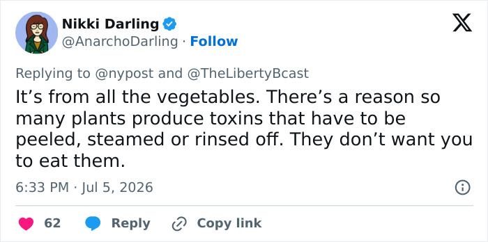 Twitter post by Nikki Darling suggesting vegetables cause health issues, impacting Bryan Johnson's health regimen. Twitter post by Nikki Darling suggesting vegetables cause health issues, impacting Bryan Johnson's health regimen.