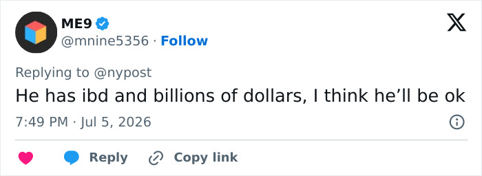 Twitter post by ME9 stating Bryan Johnson's IBD diagnosis is manageable with his wealth, despite his health regimen. Twitter post by ME9 stating Bryan Johnson's IBD diagnosis is manageable with his wealth, despite his health regimen.