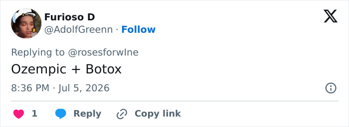 A social media post from Furioso D about Ozempic + Botox related to Adele's appearance, becoming a heated topic. A social media post from Furioso D about Ozempic + Botox related to Adele's appearance, becoming a heated topic.