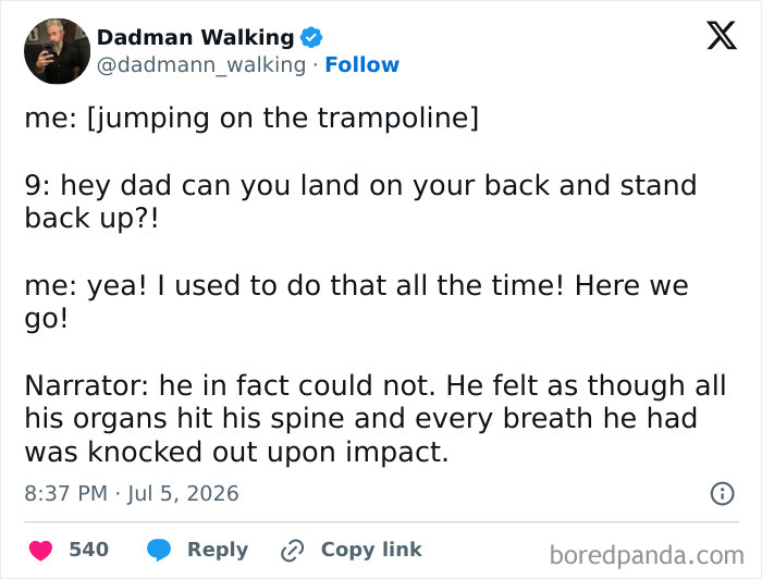 A meme about raising kids, featuring a tweet from Dadman Walking about attempting to do a trick on a trampoline.