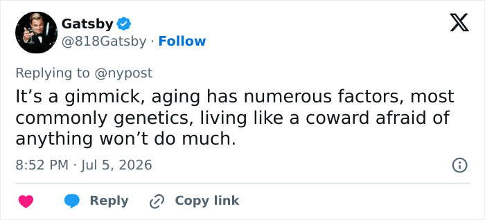Twitter post by Gatsby calling Bryan Johnson's health regimen a gimmick, highlighting genetics and fear as aging factors. Twitter post by Gatsby calling Bryan Johnson's health regimen a gimmick, highlighting genetics and fear as aging factors.