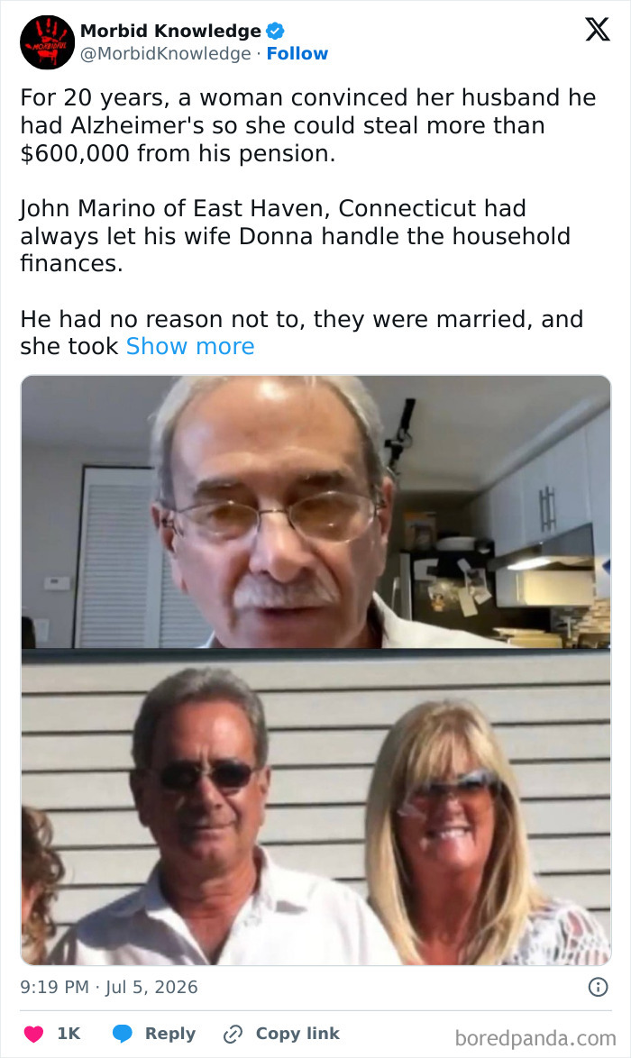 Morbid and sad stories: John Marino and his wife Donna, with a separate image of John, related to sad stories.