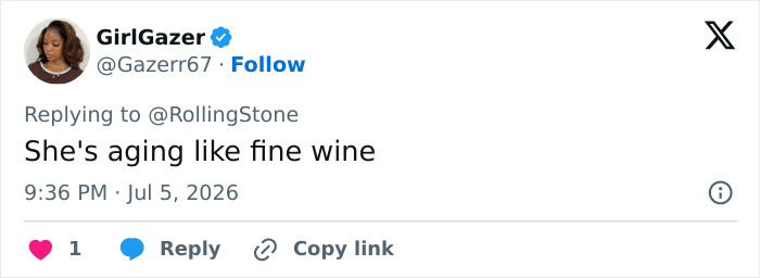 A social media post from GirlGazer, praising Adele's appearance as aging like fine wine, part of a heated discussion. A social media post from GirlGazer, praising Adele's appearance as aging like fine wine, part of a heated discussion.