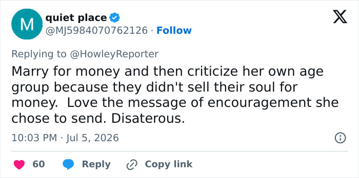A tweet criticizing Karoline Leavitt's marriage, suggesting it's for money despite an age gap.