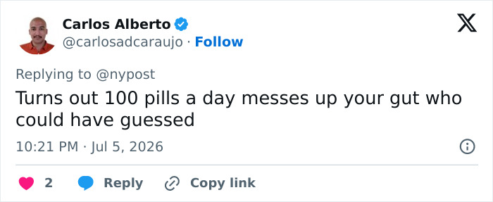 A social media comment from Carlos Alberto saying 100 pills a day messes up your gut, related to Bryan Johnson health regimen. A social media comment from Carlos Alberto saying 100 pills a day messes up your gut, related to Bryan Johnson health regimen.