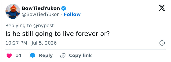 A social media comment asking if biohacker Bryan Johnson will still live forever despite his dreadful diagnosis. A social media comment asking if biohacker Bryan Johnson will still live forever despite his dreadful diagnosis.