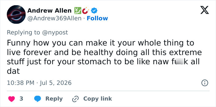 A social media comment on biohacker Bryan Johnson's intense health regimen and unexpected dreadful diagnosis. A social media comment on biohacker Bryan Johnson's intense health regimen and unexpected dreadful diagnosis.