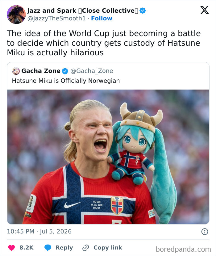 A World Cup football fan on Twitter shares a funny tweet showing a football player with Hatsune Miku.