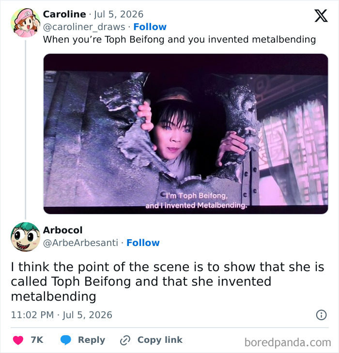 A tweet showing Toph Beifong from Avatar with the caption I'm Toph Beifong, and I invented Metalbending, a funny pop culture post.