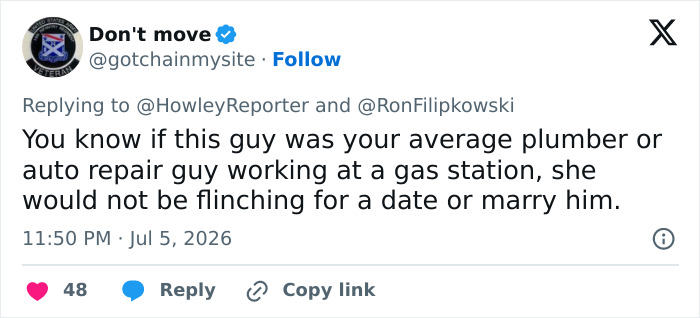 A tweet commenting on Karoline Leavitt's marriage, implying the age gap is overlooked due to status.