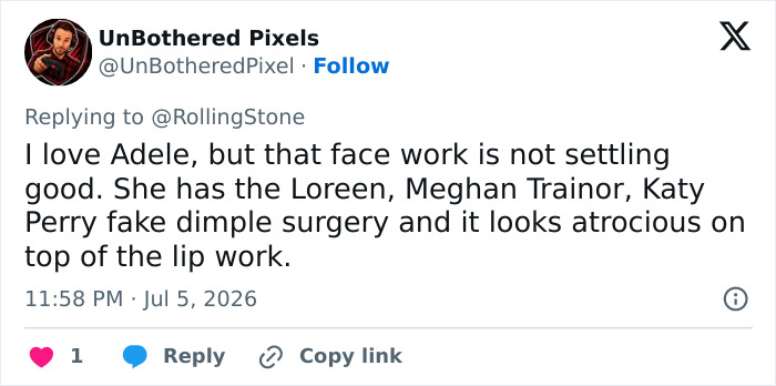 Social media discussion regarding Adele's appearance, mentioning plastic surgeon intervention and viral speculation. Social media discussion regarding Adele's appearance, mentioning plastic surgeon intervention and viral speculation.