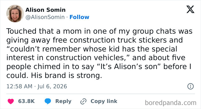Funny meme about raising kids: A group chat mom giving away construction truck stickers for Alison's son.