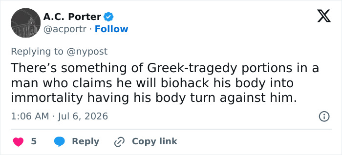 A.C. Porter's tweet about biohacker Bryan Johnson's health diagnosis, describing his body turning against him. A.C. Porter's tweet about biohacker Bryan Johnson's health diagnosis, describing his body turning against him.
