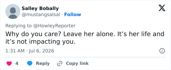 A Twitter post from Salley Bobally defending Karoline Leavitt's marriage, telling others to leave her alone.