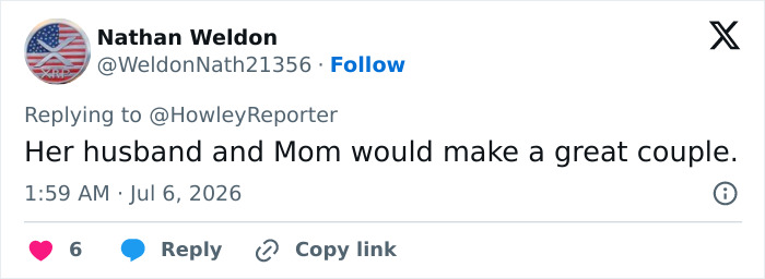 A social media reply about Karoline Leavitt's husband and mom, fueling age gap discussion.