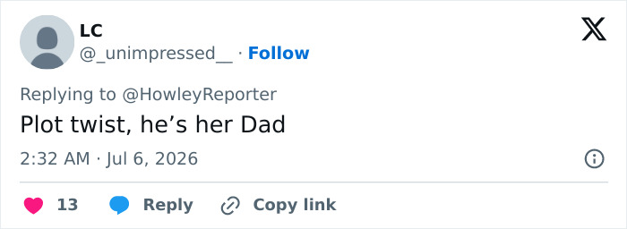 A tweet on Twitter discussing Karoline Leavitt's marriage and age gap, stating, Plot twist, he's her Dad.