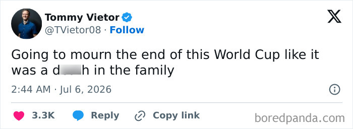 A World Cup football fan on Twitter shares a funny tweet mourning the end of the World Cup.