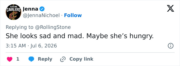 A social media post from Jenna discussing Adele's appearance, noting she looks sad and mad, becoming a heated discussion. A social media post from Jenna discussing Adele's appearance, noting she looks sad and mad, becoming a heated discussion.
