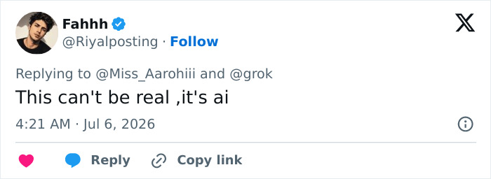 A social media post from Fahhh commenting on an image, suggesting it cannot be real and is AI, related to the Netflix star. A social media post from Fahhh commenting on an image, suggesting it cannot be real and is AI, related to the Netflix star.