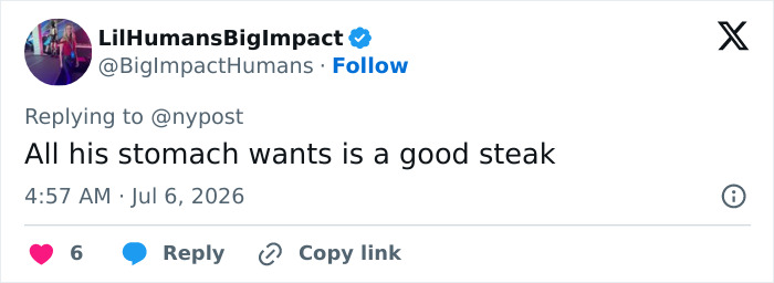 Twitter post by LilHumansBigImpact suggesting Bryan Johnson's body wants a steak, contrasting his health regimen. Twitter post by LilHumansBigImpact suggesting Bryan Johnson's body wants a steak, contrasting his health regimen.