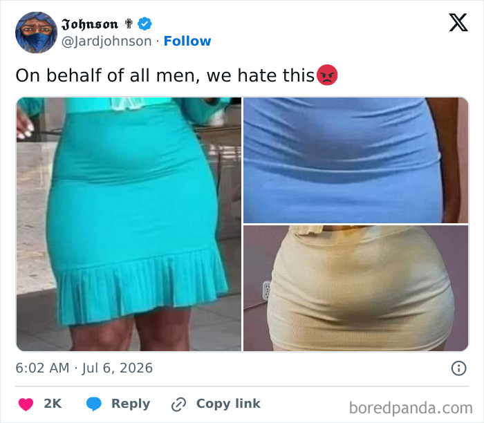 A split image shows three outfits with visible underwear lines, a funny example of guys thinking highly of themselves.