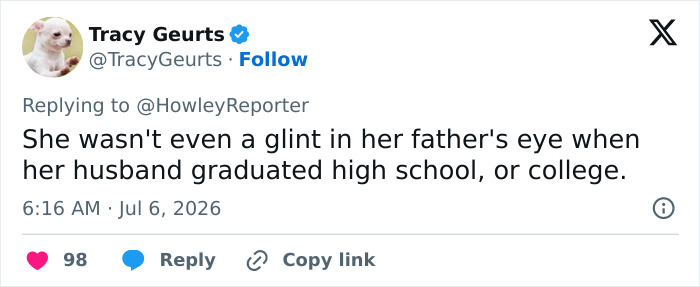 Screenshot of a viral post by Tracy Geurts commenting on Karoline Leavitt's marriage and explosive age gap.