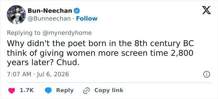 A tweet by Bun-Neechan roasting Lupita Nyong'o over her 'woke' question to Homer, regarding women's screen time.