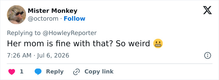 A tweet from Mister Monkey about Karoline Leavitt's marriage, questioning her mom's approval.