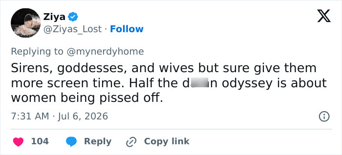 A tweet by Ziya roasting Lupita Nyong'o over her 'woke' question to Homer, discussing women in 'Odyssey'.