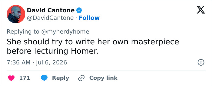 A tweet by David Cantone roasting Lupita Nyong'o over her 'woke' question to Homer, suggesting she write her own masterpiece.