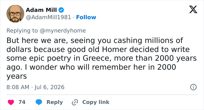 Tweet from Adam Mill about Lupita Nyong'o roasted for her woke question about Homer's Odyssey.