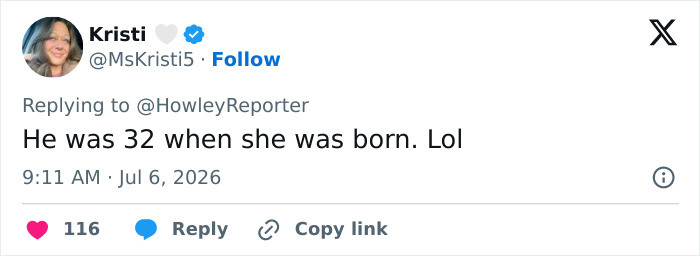 Screenshot of a viral post by Kristi on Karoline Leavitt's age gap in her marriage to husband.