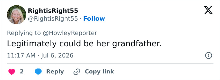 A tweet from RightisRight55 about Karoline Leavitt's marriage, stating, Legitimately could be her grandfather.