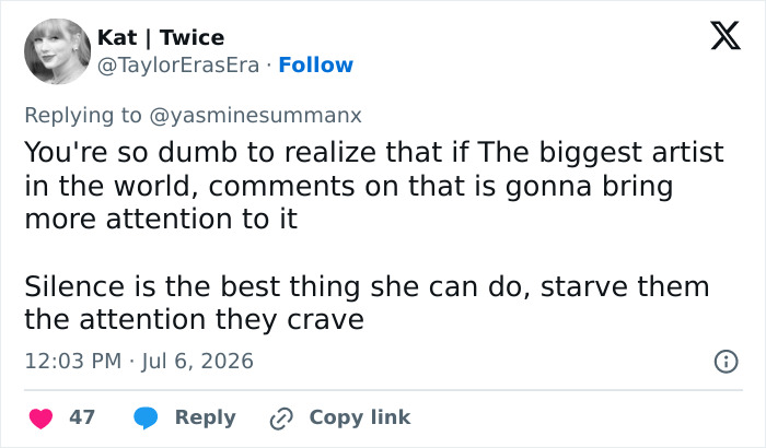 Screenshot of a fan's tweet about Trump's trolling of Taylor Swift during her wedding. Screenshot of a fan's tweet about Trump's trolling of Taylor Swift during her wedding.