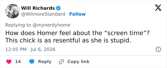A tweet by Will Richards roasting Lupita Nyong'o over her 'woke' question to Homer, asking about screen time.