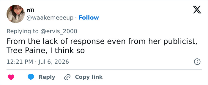 Fans disappointed with Taylor Swift after Trump trolling. A tweet discussing publicist Tree Paine's lack of response. Fans disappointed with Taylor Swift after Trump trolling. A tweet discussing publicist Tree Paine's lack of response.