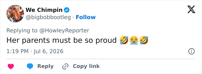 Tweet from We Chimpin with laughing emojis about Karoline Leavitt's marriage, implying irony regarding her parents pride about the age gap.