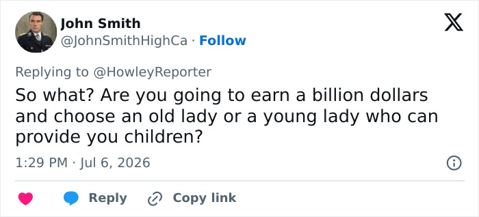 A Twitter post from John Smith discussing Karoline Leavitt's marriage, questioning age-gap choices.