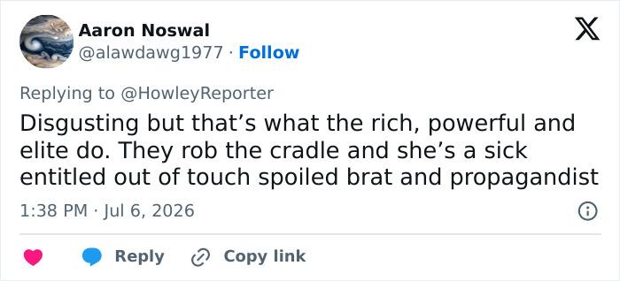 A viral post discussing Karoline Leavitt's marriage age gap and criticism.